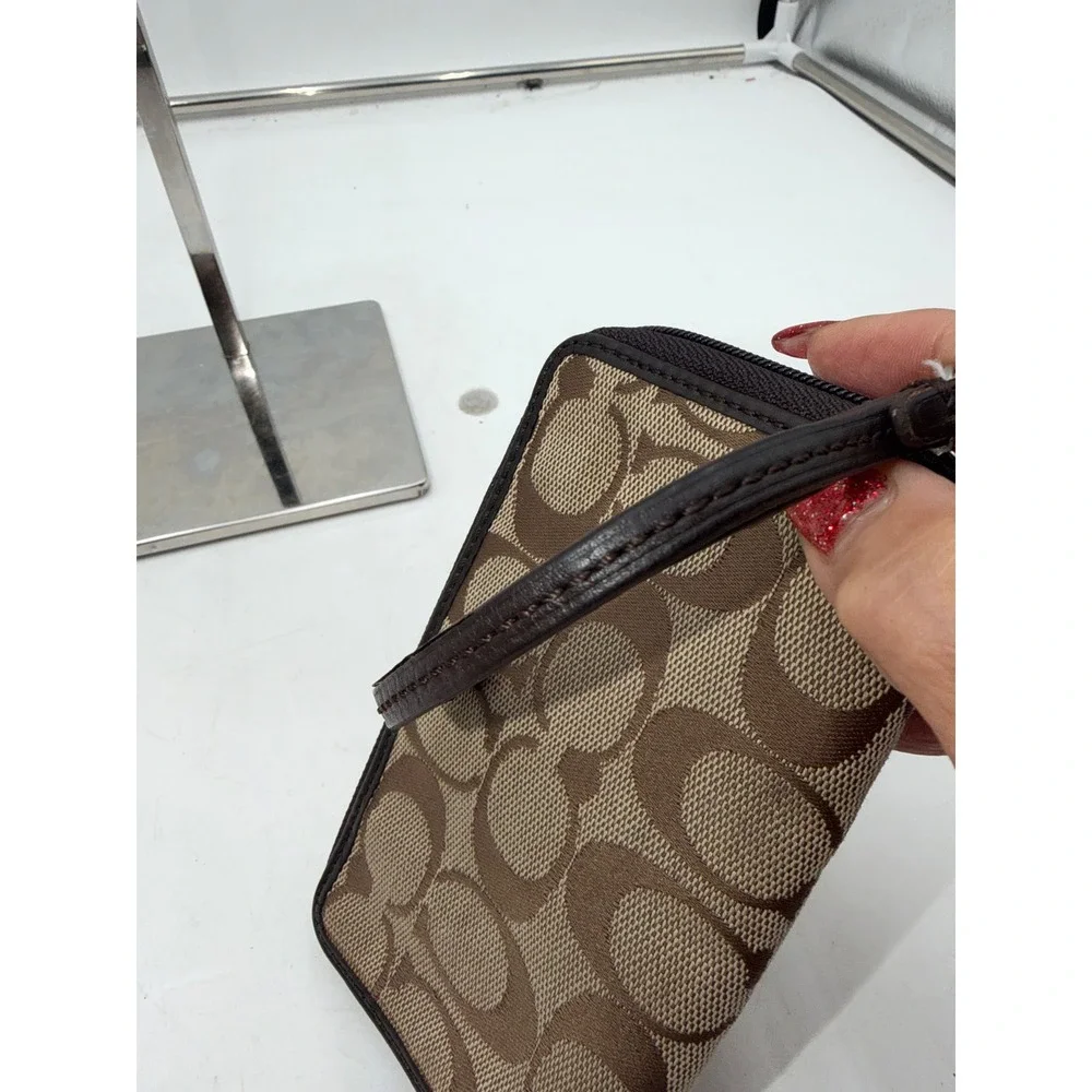 Coach Signature C Monogram Canvas Wristlet Khaki Brown Zip Around Wallet